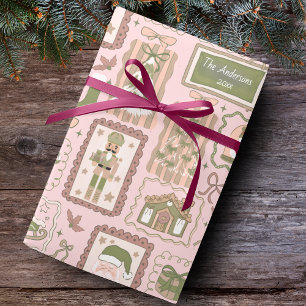 Hand Drawn green peach christmas custom name Wrapping Paper