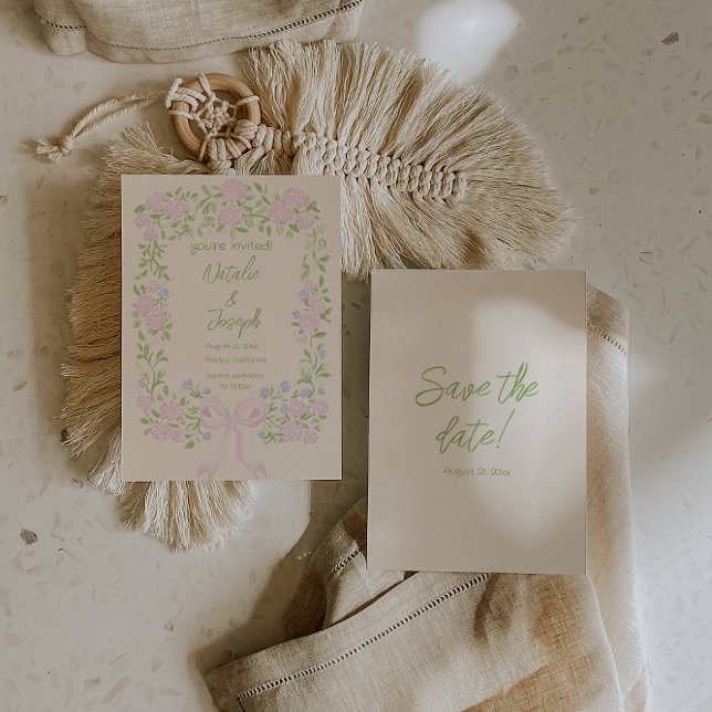 Hand Drawn Green Pink Bow Floral Summer Wedding Save The Date (Creator Uploaded)