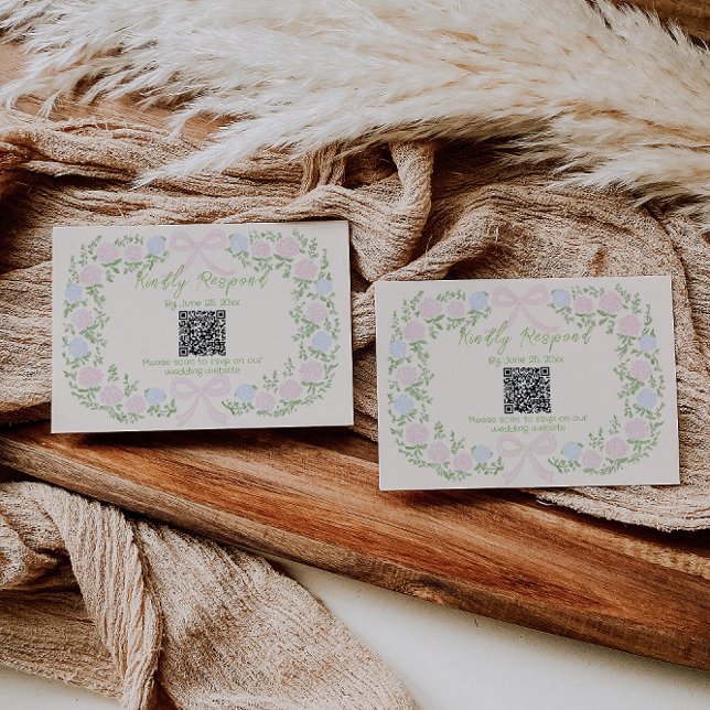 Hand Drawn Green Pink Bow Floral Wedding QR Code RSVP Card (Creator Uploaded)