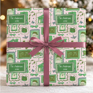Hand Drawn Green Pink Whimsical Christmas Name Wrapping Paper