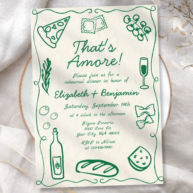 Hand Drawn Green Retro Italian Rehearsal Dinner Invitation (Creator Uploaded)