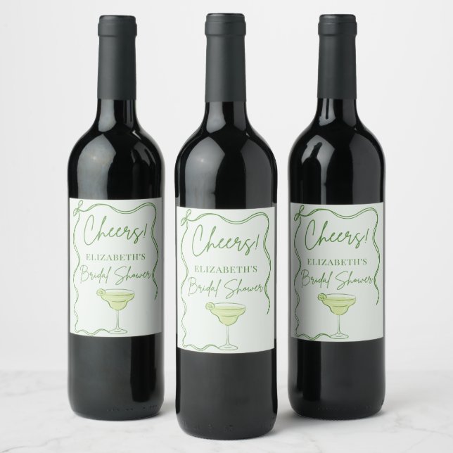 Hand Drawn Green Ribbon Bow Frame Cheers Bridal Wine Label (Bottles)