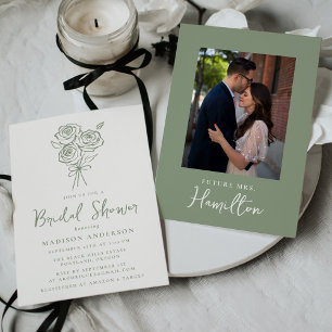 Hand-Drawn Green Rose Bouquet Photo Bridal Shower Invitation