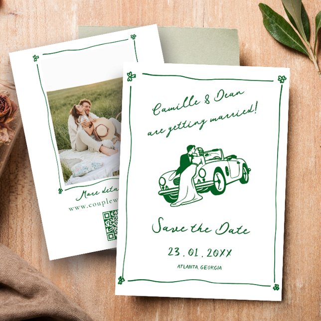  Hand Drawn Green Save the Date photo QR Code Invitation (Creator Uploaded)