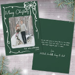 Hand Drawn Green Whimsical Merry Christmas Holiday Card<br><div class="desc">Send holiday cheer with this vertical Christmas card design. The front features a vertical photo in the center, framed by a swirling ribbon-style doodle border. A cute hand-drawn coquette bow sits in the top right corner, while “Merry Christmas” appears in handwritten script at the top left. The bottom right includes...</div>