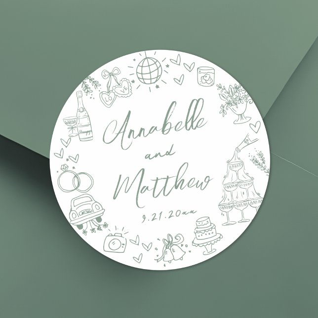 Hand Drawn Green Whimsical Wedding Classic Round Sticker (Hand Drawn Green Whimsical Wedding Classic Round Sticker)