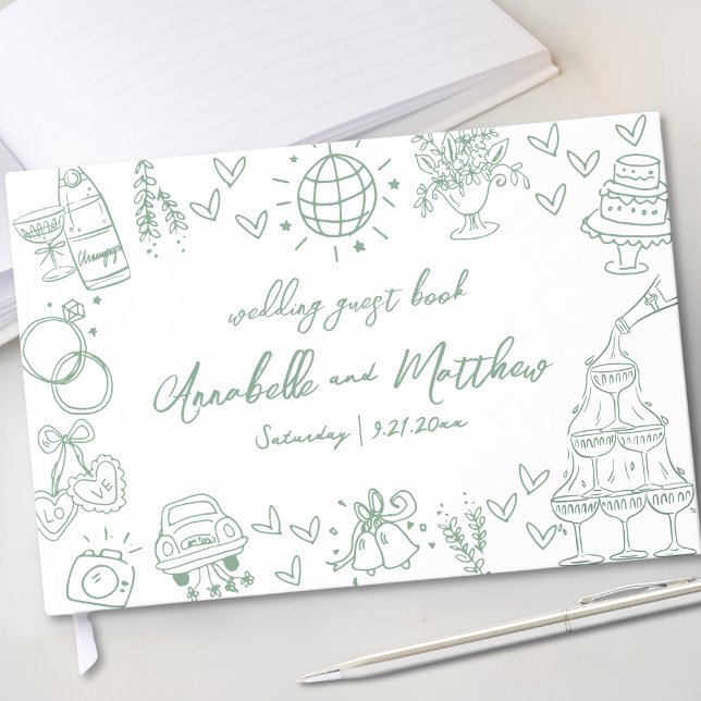 Hand Drawn Green Whimsical Wedding Guest Book (Hand Drawn Green Whimsical Wedding Guest Book )