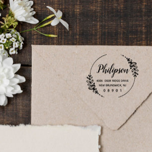 Hand Drawn Greenery Wreath Name & Address Rubber Stamp