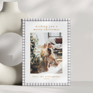 Hand Drawn Grey Gingham Family Christmas Photo Holiday Card