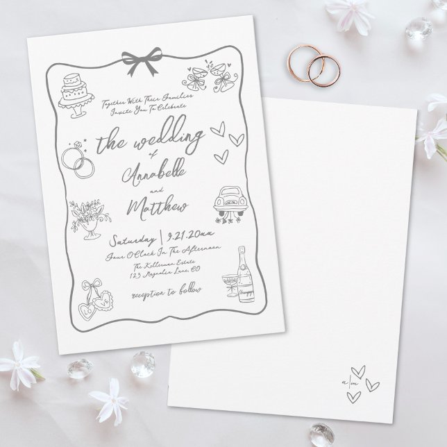 Hand Drawn Grey Whimsical Wedding Invitation (Hand Drawn Gray Whimsical Wedding Invitation)