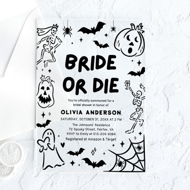 Hand Drawn Halloween Skeleton Ghost Bridal Shower Acrylic Invitations (Hand Drawn Halloween Skeleton Ghost Bridal Shower Acrylic Invitations)