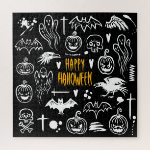 Hand-drawn Halloween symbols, vintage collection. Jigsaw Puzzle