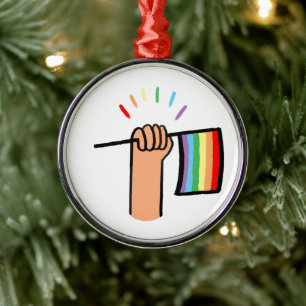 Hand Drawn Hand Waving a Rainbow Flag Metal Tree Decoration