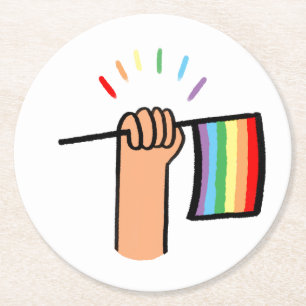 Hand Drawn Hand Waving a Rainbow Flag Round Paper Coaster