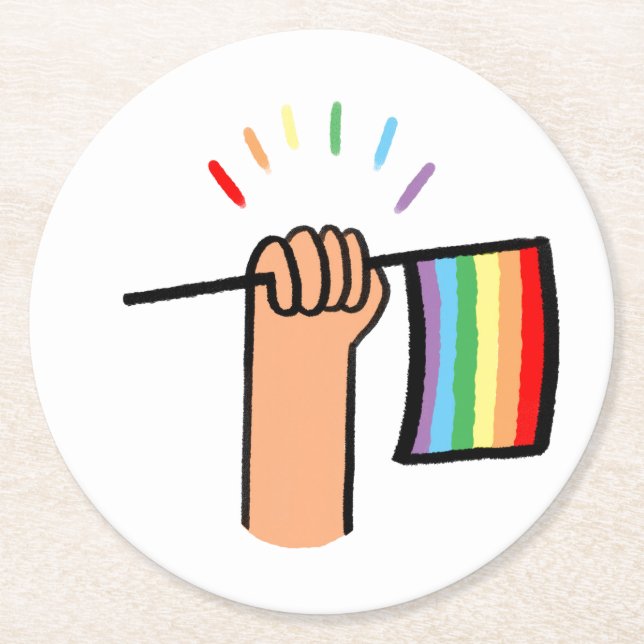 Hand Drawn Hand Waving a Rainbow Flag Round Paper Coaster (Front)