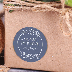 Hand Drawn Handmade With Love Personalised Blue Classic Round Sticker