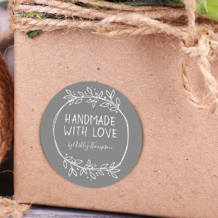 Hand Drawn Handmade With Love Personalised Grey Classic Round Sticker