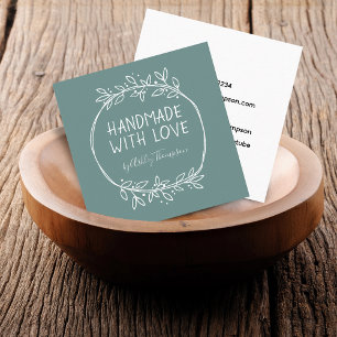 Hand Drawn Handmade With Love Teal Square Business Card