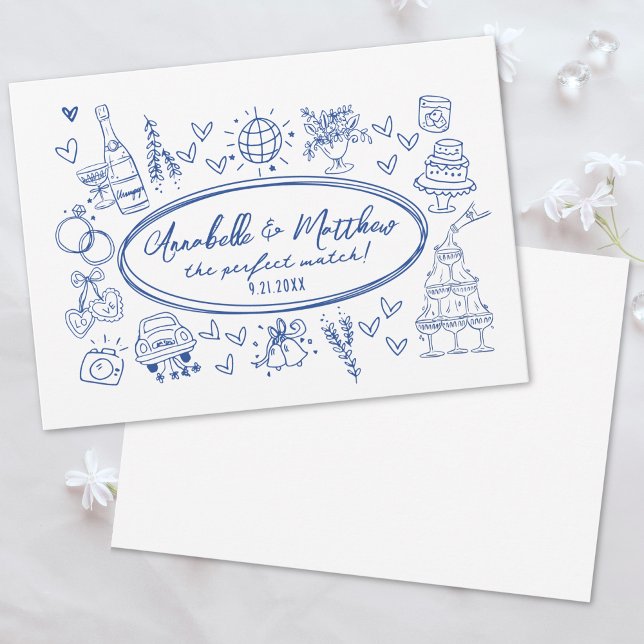 Hand Drawn Handwritten Blue Whimsical Wedding Invitation (Hand Drawn Handwritten Blue Whimsical Wedding Invitation)