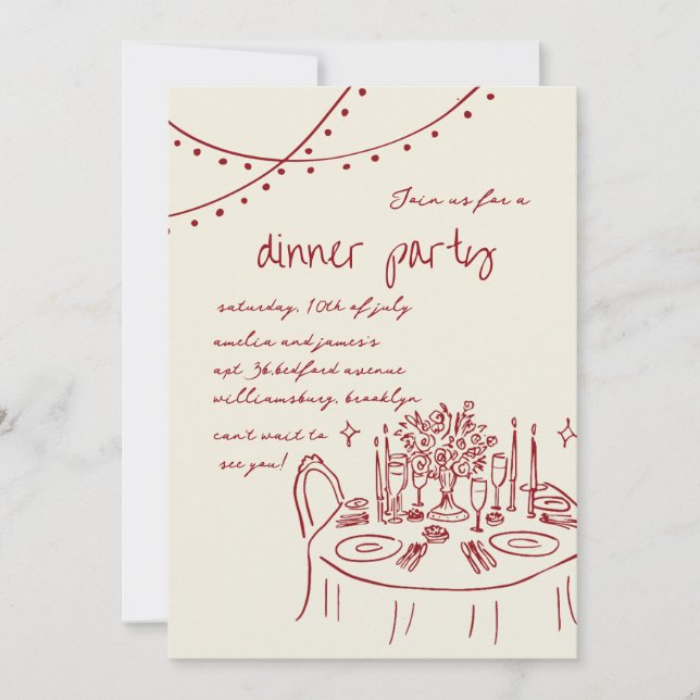 Hand drawn & Handwritten whimsical Dinner wedding Invitation (Front)