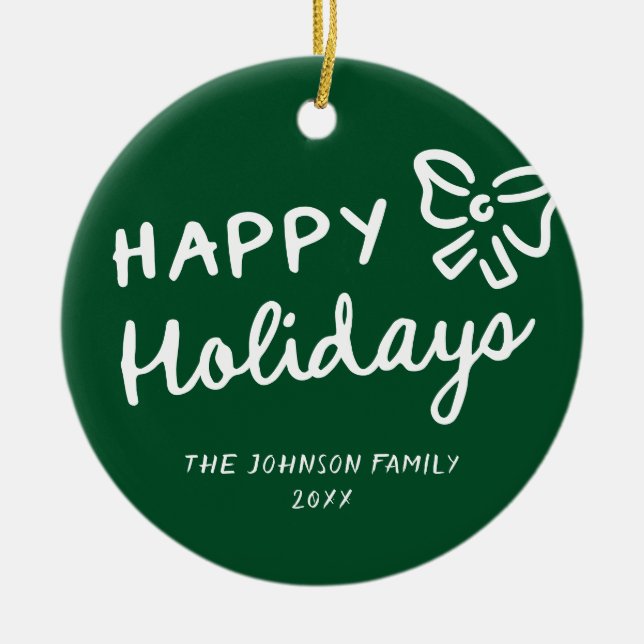Hand Drawn Happy Holidays Photo Christmas Ceramic Tree Decoration (Front)