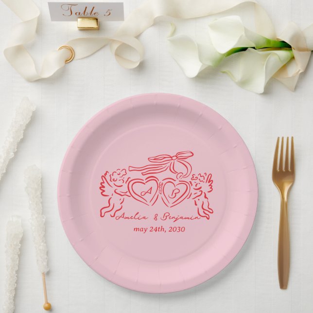 hand drawn heart couple whimsical wedding paper plate (Wedding)