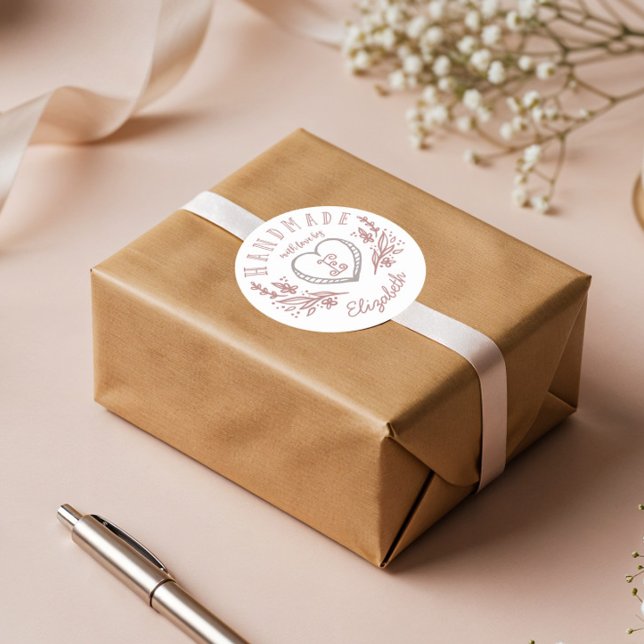 Hand-drawn Heart & Floral Wreath Custom Monogram Classic Round Sticker (Hand-drawn Heart & Floral Wreath Custom Monogram Classic Round Sticker)