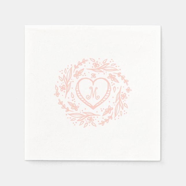 Hand-drawn Heart & Floral Wreath Custom Monogram Napkin (Front)