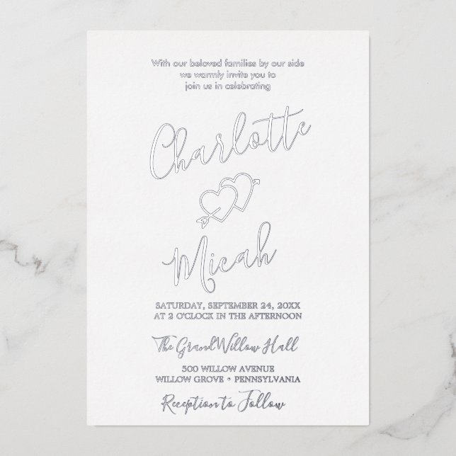 Hand Drawn Heart | Silver Foil Text Wedding  (Front)