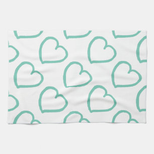 Hand drawn hearts design blue on white tea towel