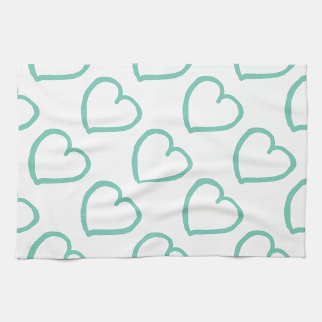 Hand drawn hearts design blue on white tea towel (Horizontal)