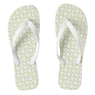 Hand drawn hearts design green on white jandals