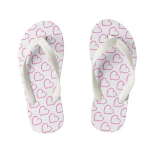Hand drawn hearts design pink on white kid's jandals