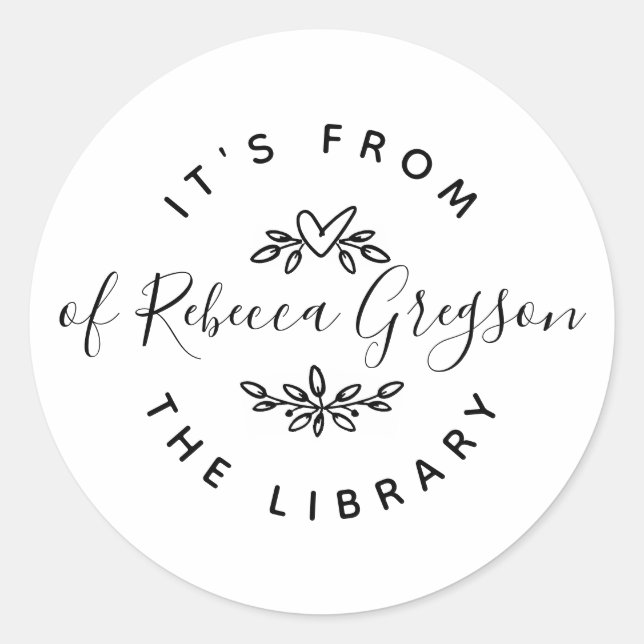 Hand-drawn Hearts & Leaves 'From the Library of' Classic Round Sticker (Front)