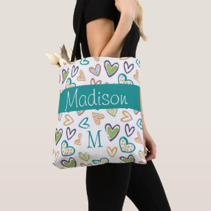 Hand drawn Hearts Multicolor Initial Monogram Tote Bag