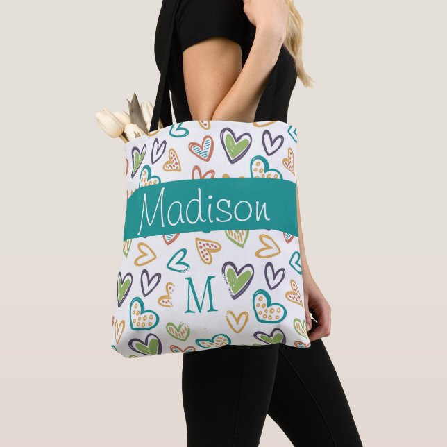 Hand drawn Hearts Multicolor Initial Monogram Tote Bag (Close Up)