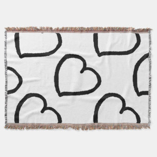 Hand drawn hearts pattern black on white throw blanket