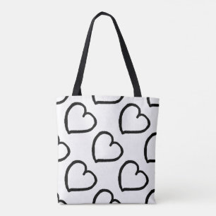 Hand drawn hearts pattern black on white tote bag