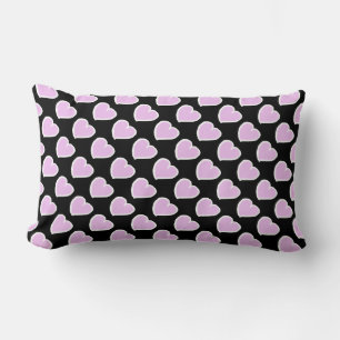 Hand drawn hearts pattern pink on black lumbar cushion