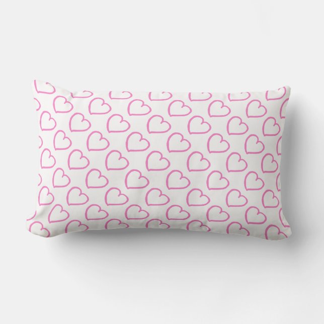 Hand drawn hearts pattern pink on white lumbar cushion (Front)
