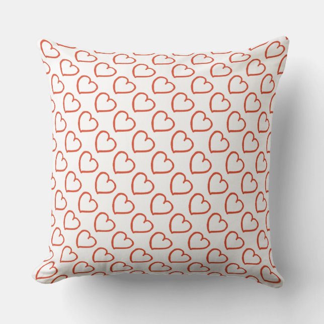 Hand drawn hearts pattern red on white cushion (Front)