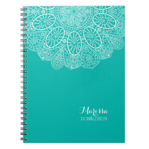 Hand Drawn Henna Circle Design Bright Pool Blue Spiral Notebook