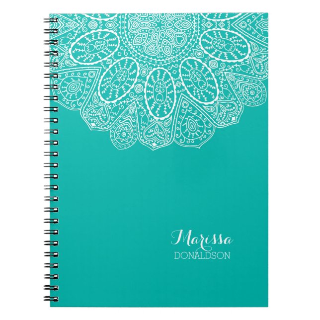 Hand Drawn Henna Circle Design Bright Pool Blue Spiral Notebook (Front)