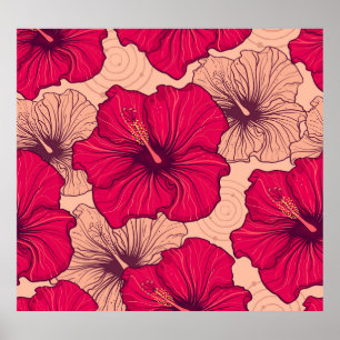 Hand Drawn Hibiscus Flowers Vintage Poster
