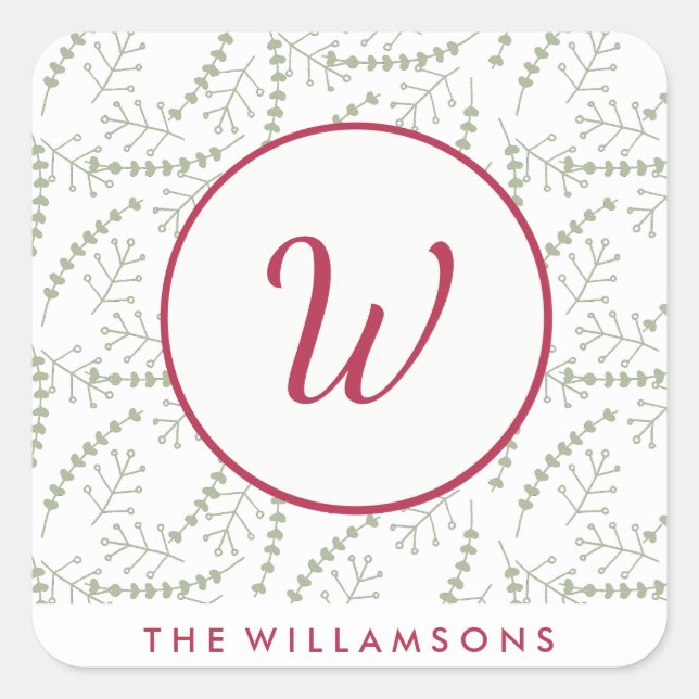 Hand-drawn Holiday Branches Red Monogram Square Sticker (Front)