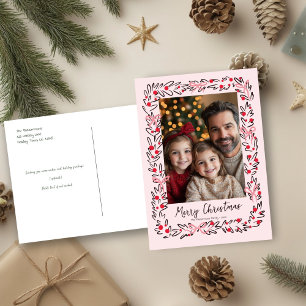 Hand Drawn Holiday Wreath & Bows Photo Postcard
