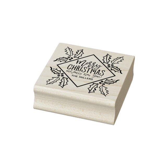 Hand Drawn Hollies Diamond Modern Merry Christmas Rubber Stamp (Stamp)