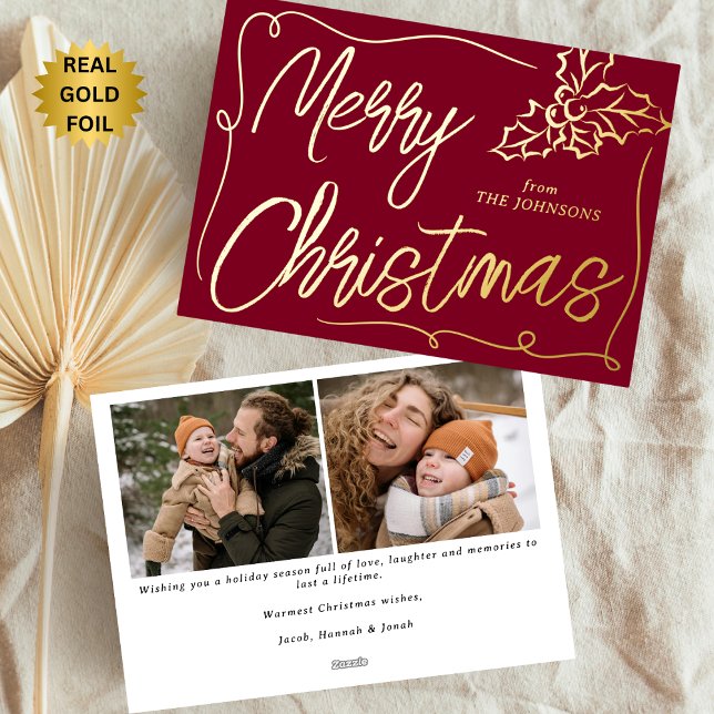 Hand Drawn Holly Berry Burgundy 2 Photo Christmas (Creator Uploaded)