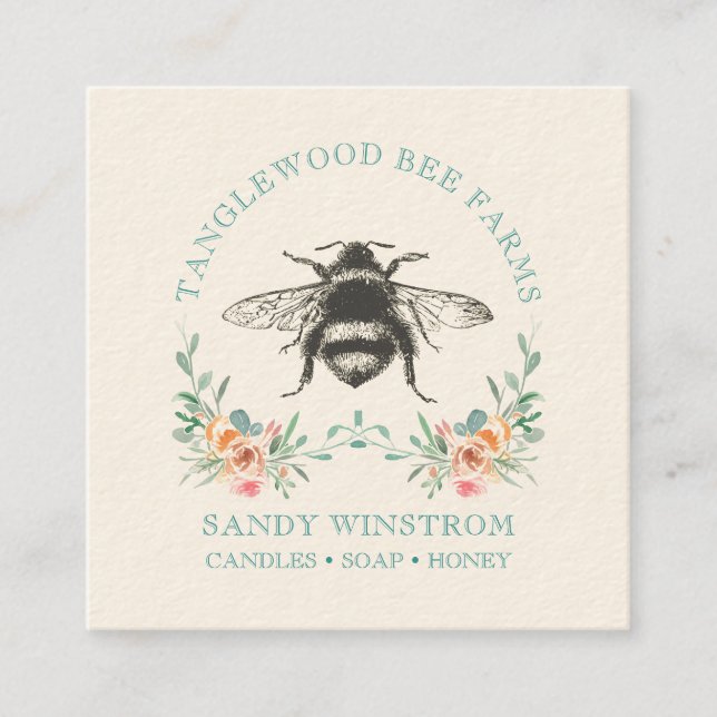 Hand Drawn Honey Bee Apiary Honey Products Square Business Card (Front)