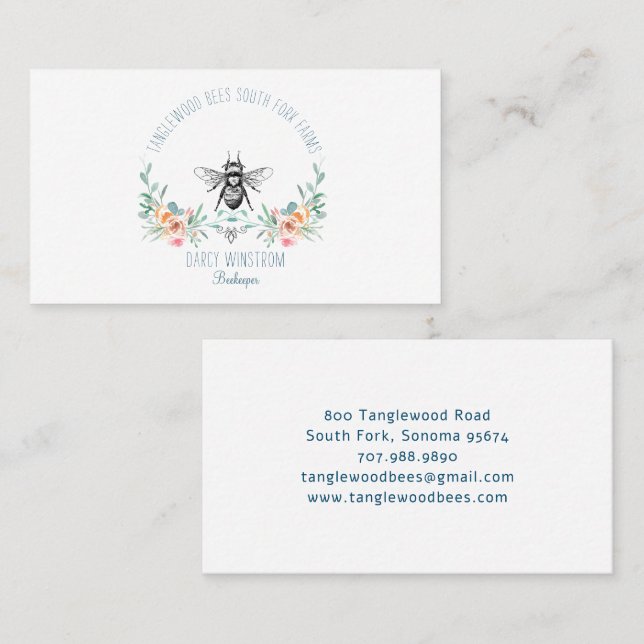 Hand Drawn Honey Bee Beekeeper Apiary Floral Business Card (Front/Back)